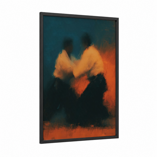 Dynamic Judo Match framed art print — black wood frame — orange and teal palette