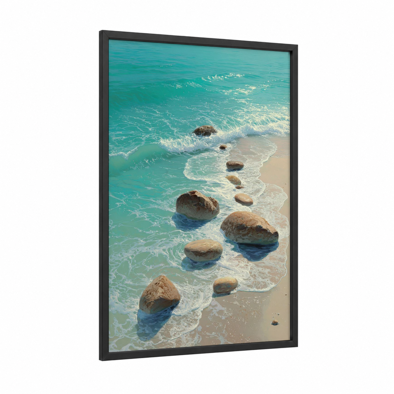 Turquoise Shoreline framed sandy beach print — black wood frame — turquoise and cream palette