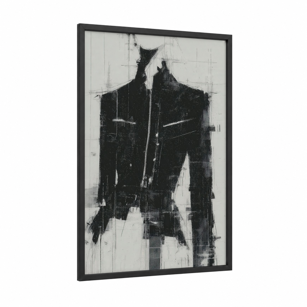 Minimalist Jacket Study framed fashion illustration print — black wood frame — black and white palette