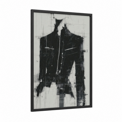Minimalist Jacket Study framed fashion illustration print — black wood frame — black and white palette