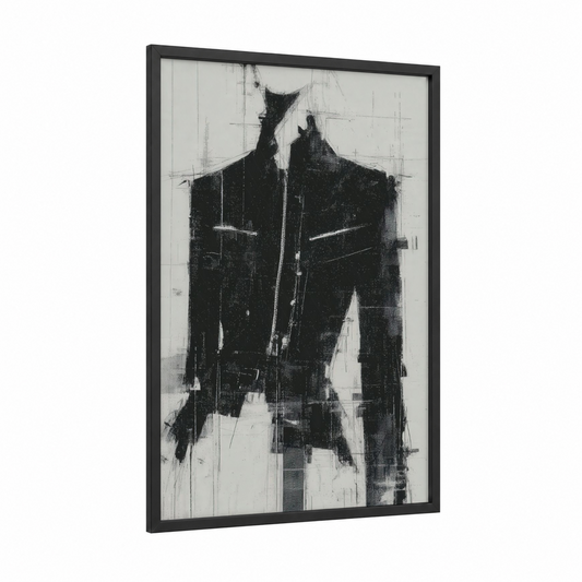 Minimalist Jacket Study framed fashion illustration print — black wood frame — black and white palette