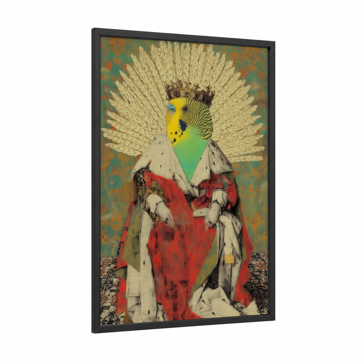 Royal Parrot Portrait framed safari parrots print — black wood frame — red and gold palette