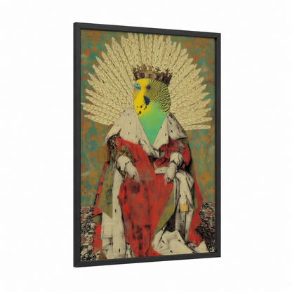 Royal Parrot Portrait framed safari parrots print — black wood frame — red and gold palette