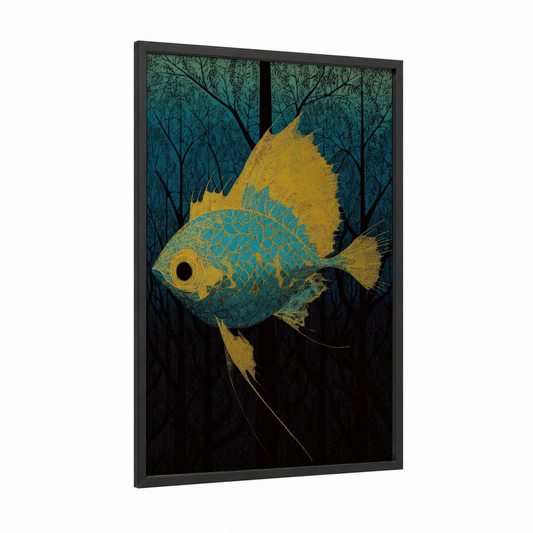 Golden Dragon Fish framed art print — black wood frame — gold and teal palette