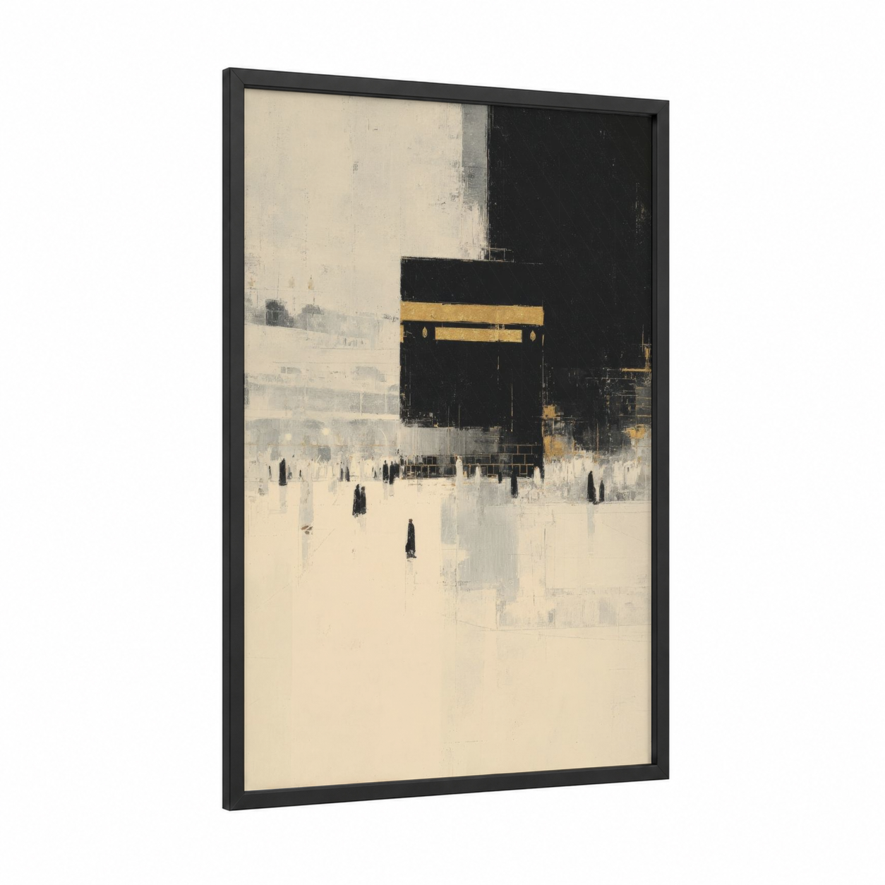 Sacred Kaaba Modern framed masjid al haram print — black wood frame — cream and black and gold palette