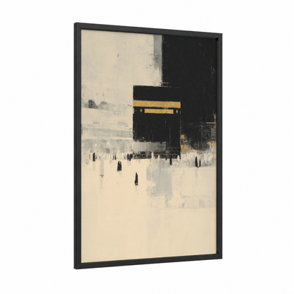 Sacred Kaaba Modern framed masjid al haram print — black wood frame — cream and black and gold palette
