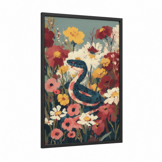 Garden Python framed art print — black wood frame — gold and maroon palette