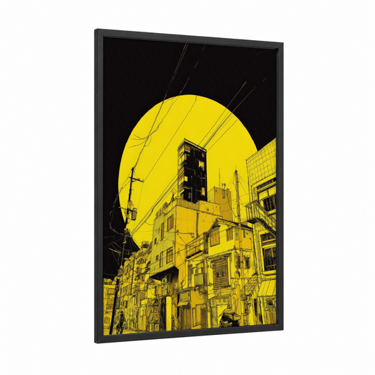 Neon Cityscape framed abstract architecture print — black wood frame — yellow and black palette