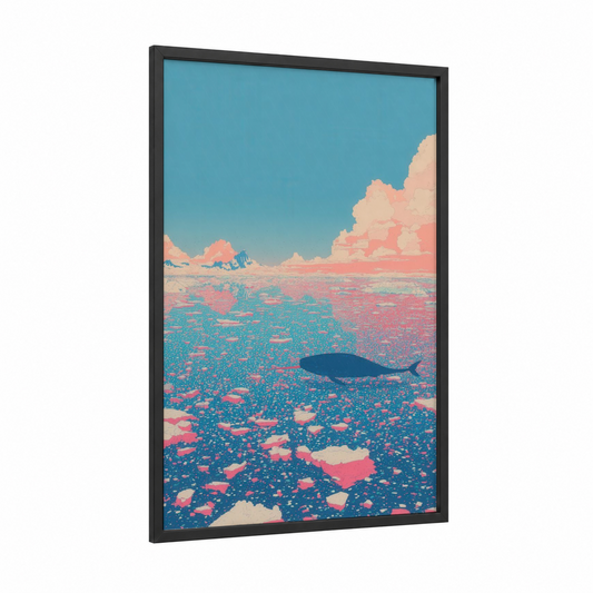 Surreal Narwhal framed art print — black wood frame — teal and peach palette