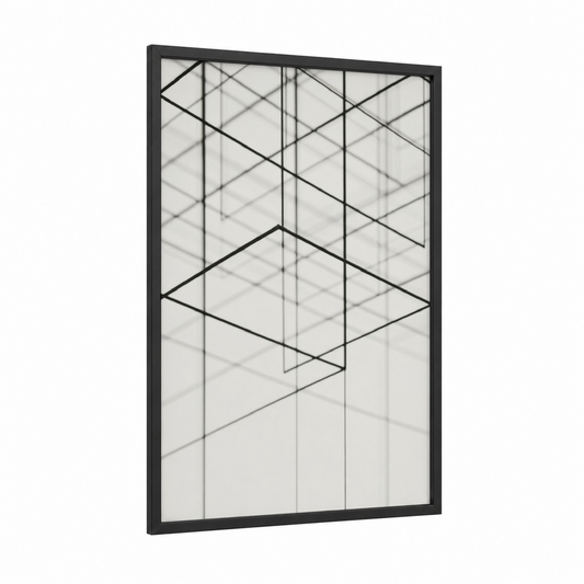 Geometric Layers framed abstract minimalist print — black wood frame — black and white and dove gray palette