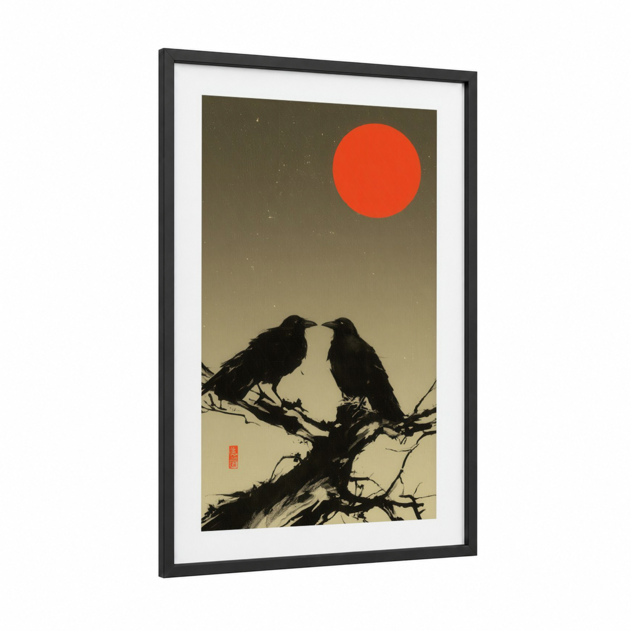 Crimson Sunrise Crows framed crows and ravens print — black wood frame — orange and black and white palette
