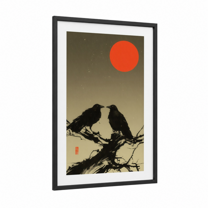 Crimson Sunrise Crows framed crows and ravens print — black wood frame — orange and black and white palette