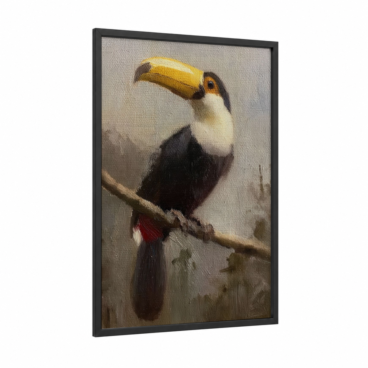 Golden Toucan framed art print — black wood frame — gold and black and white palette