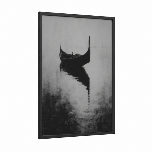Misty Gondola framed art print — black wood frame — black and white and dove gray palette