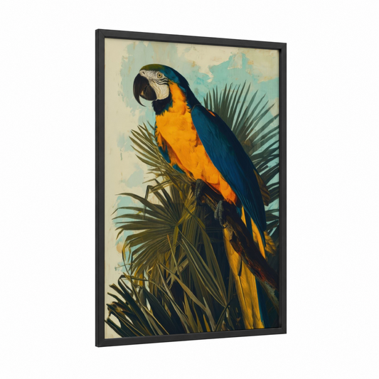 Blue Gold Macaw framed art print — black wood frame — blue and yellow gold palette