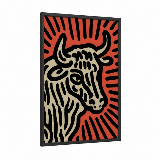 Crimson Bull framed art print — black wood frame — red and cream palette