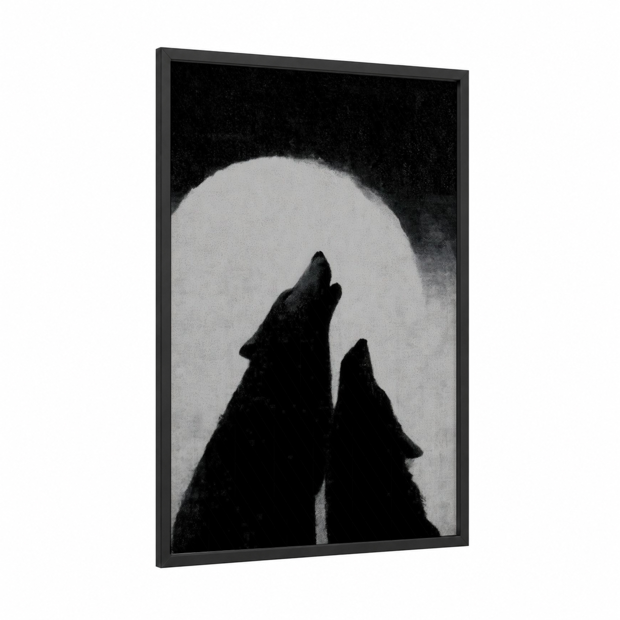 Moonlit Wolves framed animals in love print — black wood frame — black and white palette