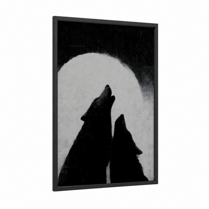 Moonlit Wolves framed animals in love print — black wood frame — black and white palette