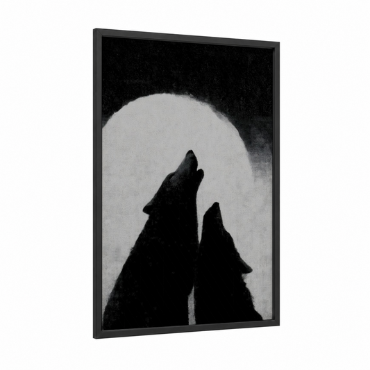 Moonlit Wolves framed animals in love print — black wood frame — black and white palette