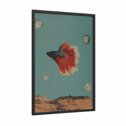 Crimson Betta Surreal framed fighting fish print — black wood frame — teal and red palette