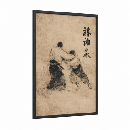 Sumo Grapple framed judo print — black wood frame — beige and black and white palette