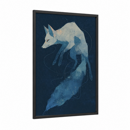 Celestial Fox framed art print — black wood frame — dark blue and blue palette