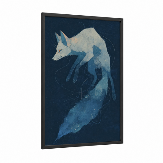 Celestial Fox framed art print — black wood frame — dark blue and blue palette