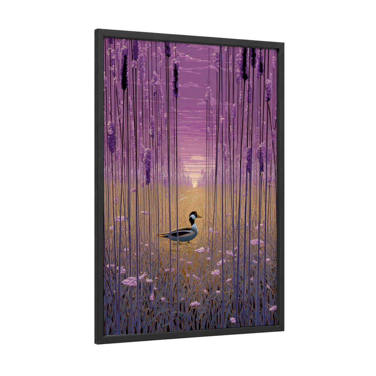 Purple Marsh Duck framed ducks print — black wood frame — purple and gold palette