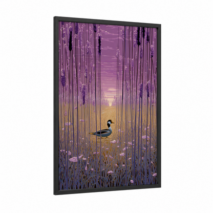 Purple Marsh Duck framed ducks print — black wood frame — purple and gold palette