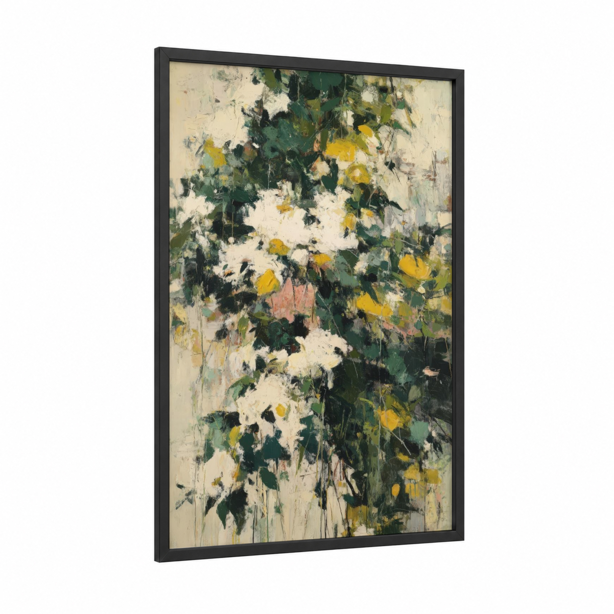 Golden Harvest Blossoms framed fruit trees print — black wood frame — yellow gold and dark green palette