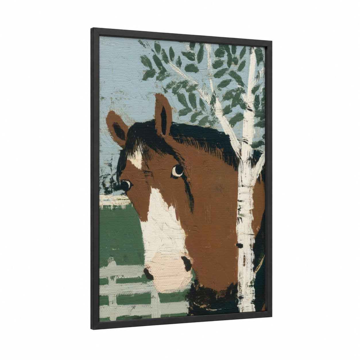 Birch Clydesdale framed clydesdale horse print — black wood frame — brown and light green palette