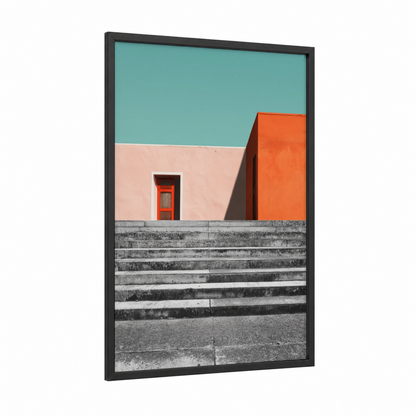 Minimalist Turquoise framed abstract architecture print — black wood frame — turquoise and orange palette