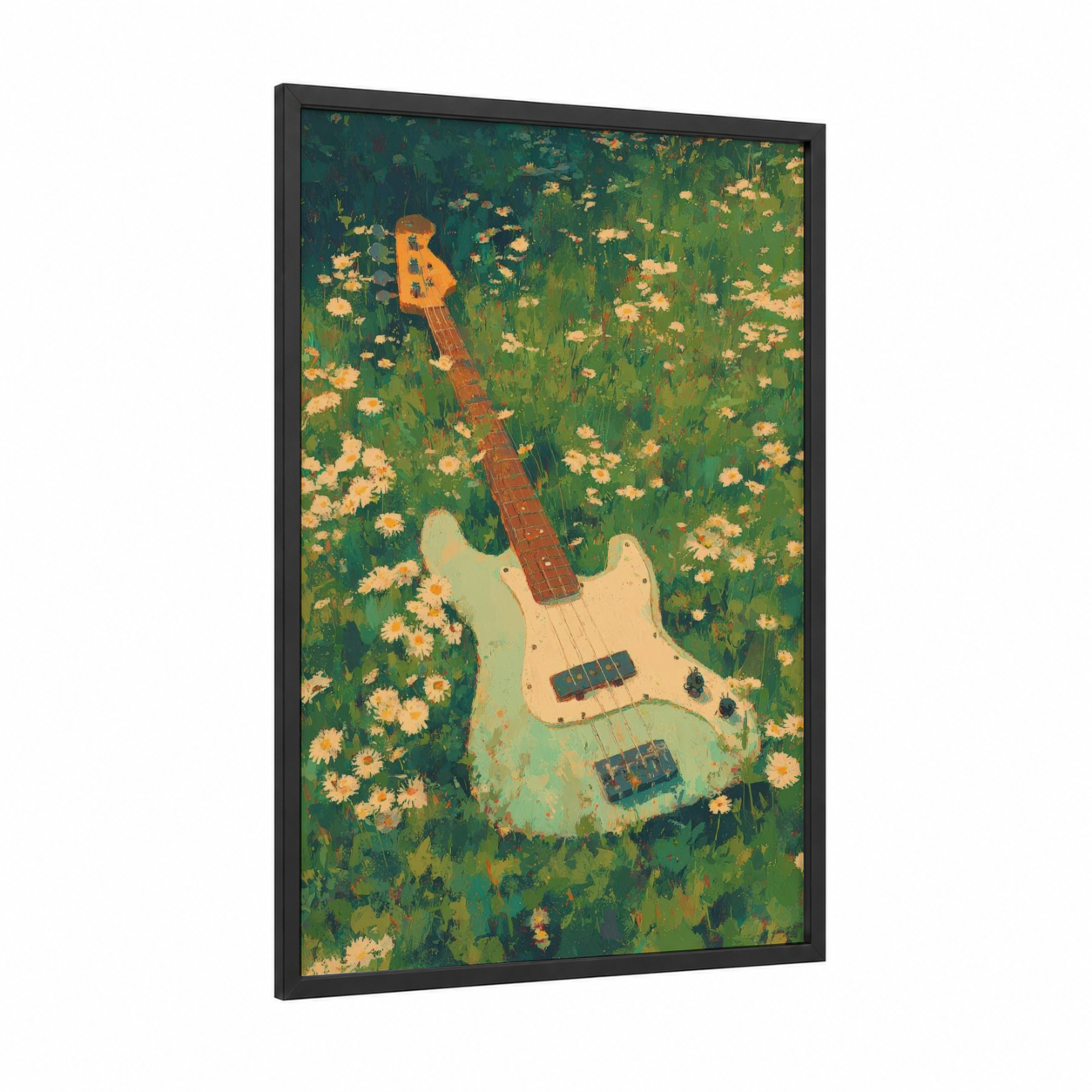 Meadow Bass Guitar framed art print — black wood frame — green and yellow gold palette