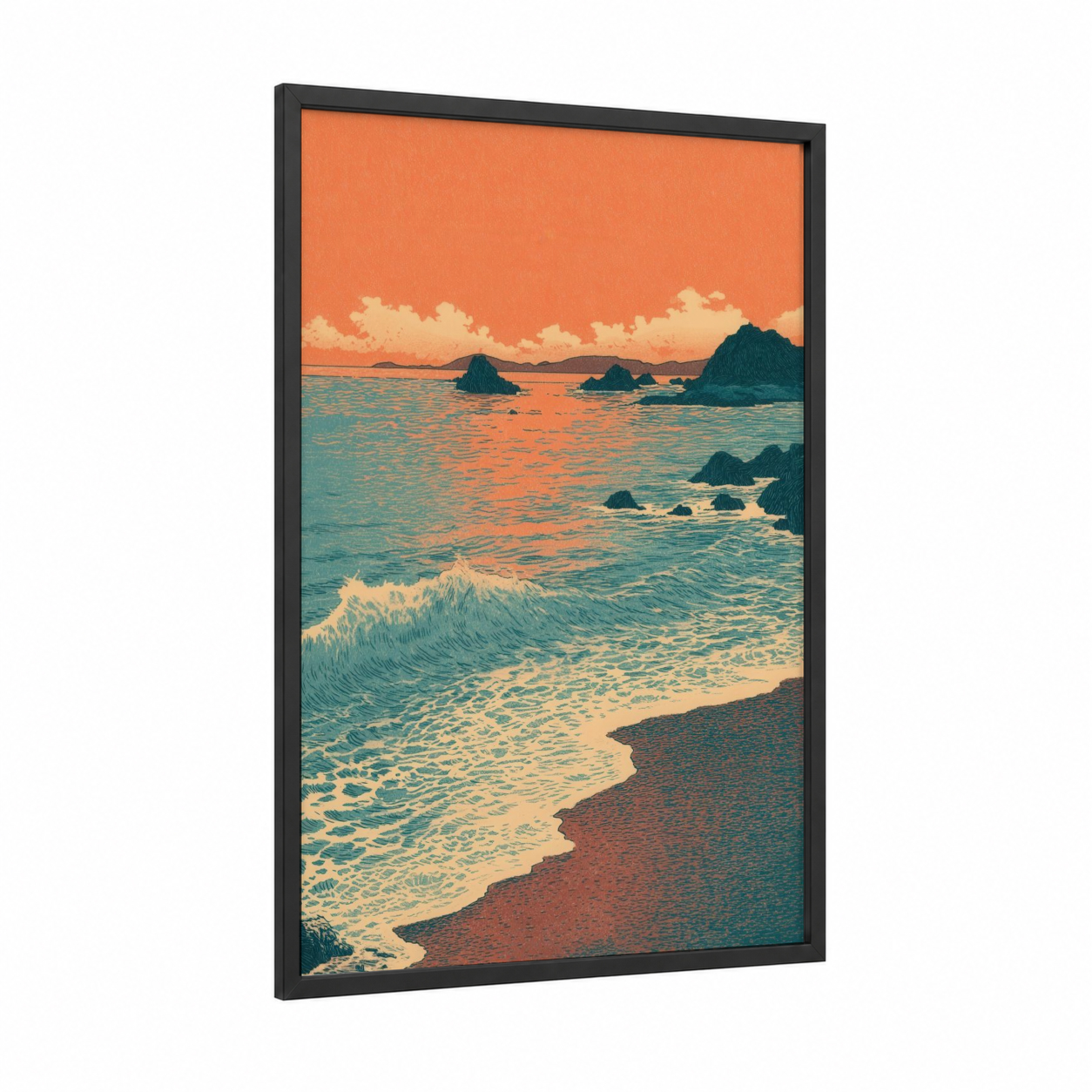Tropical Sunset Waves framed art print — black wood frame — orange and teal palette