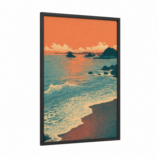 Tropical Sunset Waves framed art print — black wood frame — orange and teal palette