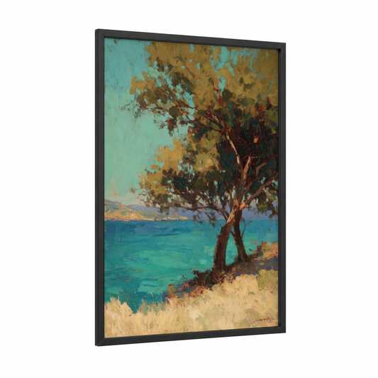 Coastal Desert Tree framed savanna and desert trees print — black wood frame — turquoise and gold palette