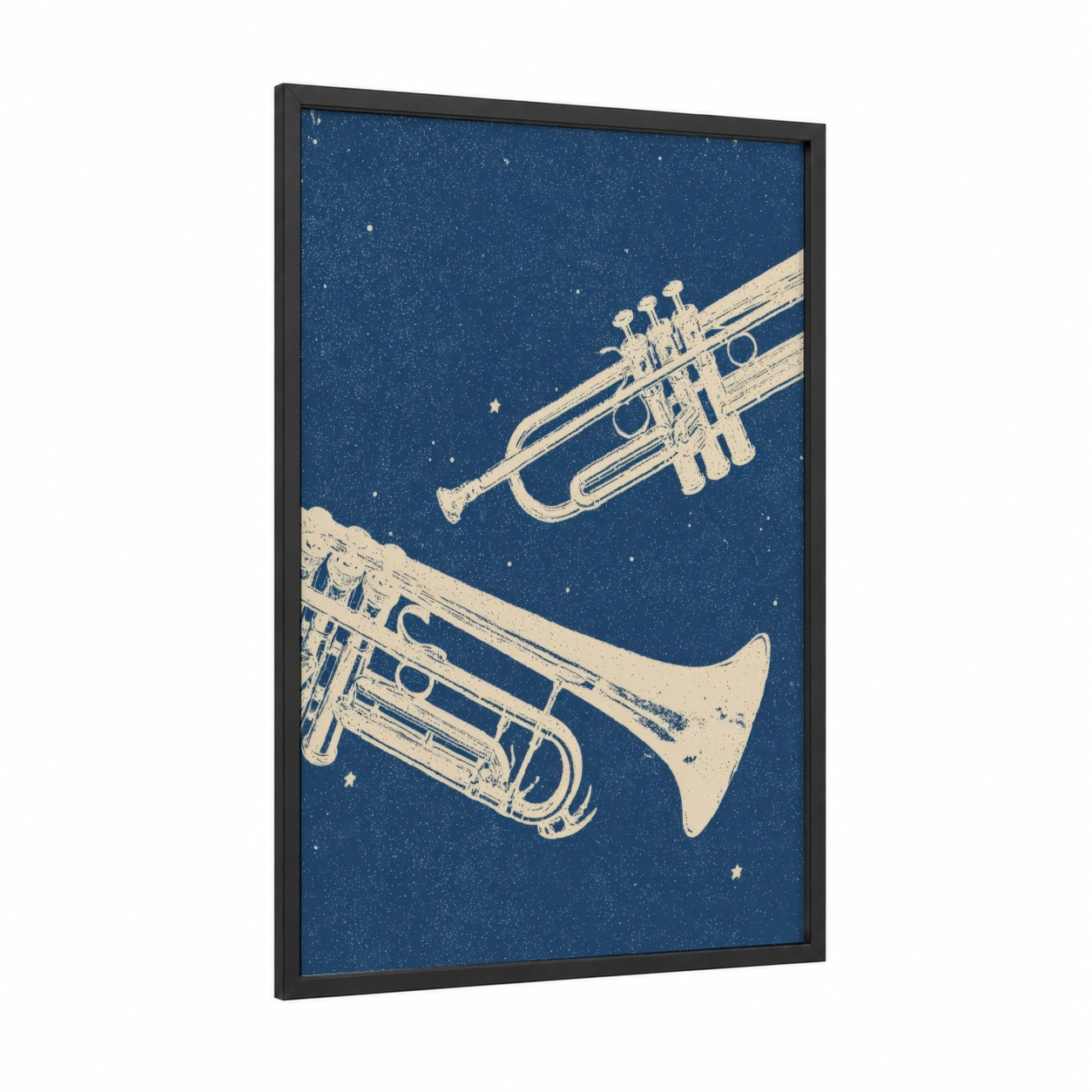 Starry Trumpet Duet framed art print — black wood frame — dark blue and cream palette