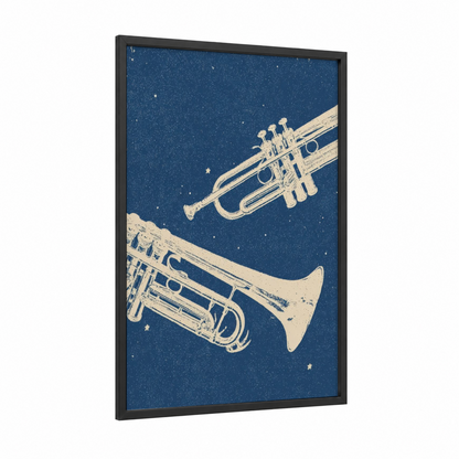 Starry Trumpet Duet framed art print — black wood frame — dark blue and cream palette