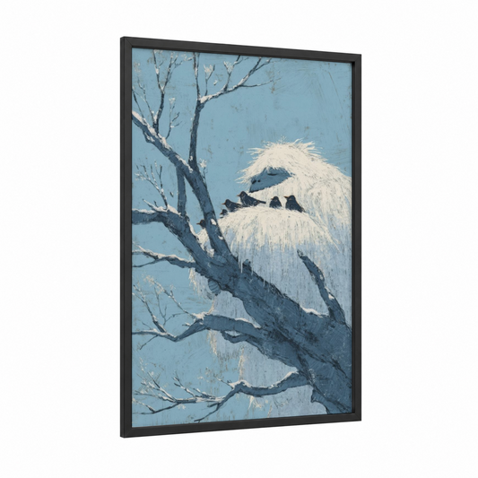 Snowy Yeti Perch framed art print — black wood frame — blue and white palette