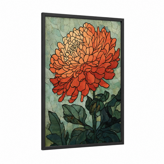 Coral Dahlia Bloom framed art print — black wood frame — pumpkin and sage green palette