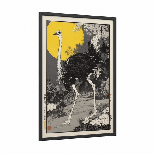 Golden Ostrich framed art print — black wood frame — yellow gold and black and white palette