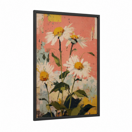 Coral Daisies framed daisy print — black wood frame — salmon pink and gold palette
