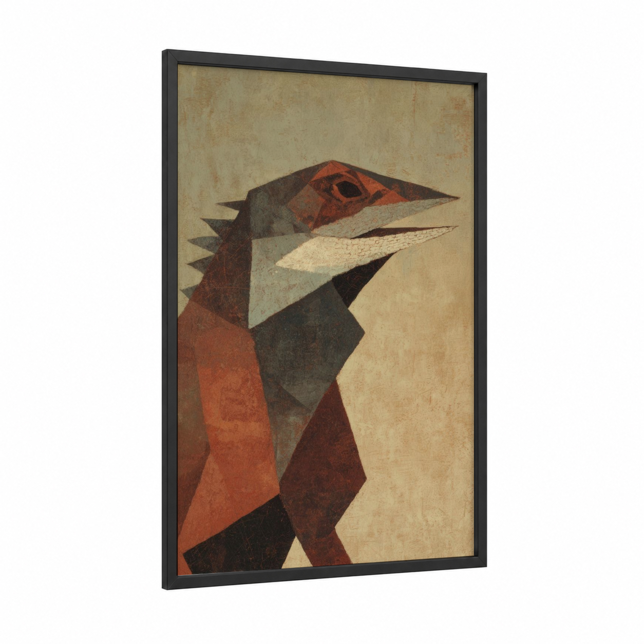 Geometric Lizard framed art print — black wood frame — russet and cream palette