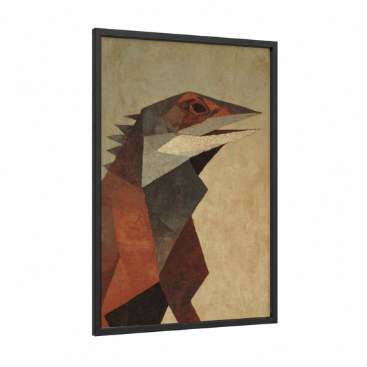 Geometric Lizard framed art print — black wood frame — russet and cream palette