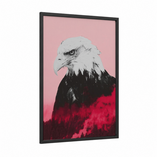 Pink Sky Eagle framed art print — black wood frame — pink and black and white palette