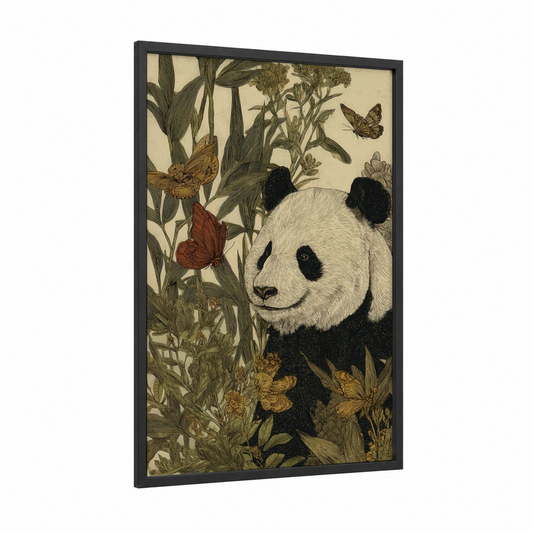 Botanical Panda framed art print — black wood frame — cream and olive palette