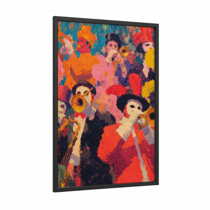 Vibrant Carnival Celebration framed art print — black wood frame — red and orange palette