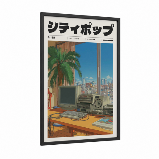 Retro Cyberpunk Studio framed anime and manga print — black wood frame — gold and blue palette