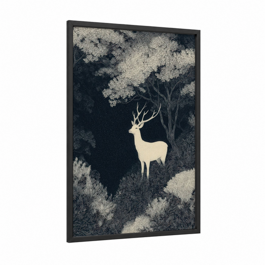 Enchanted Stag framed fairytale print — black wood frame — black and white and cream palette