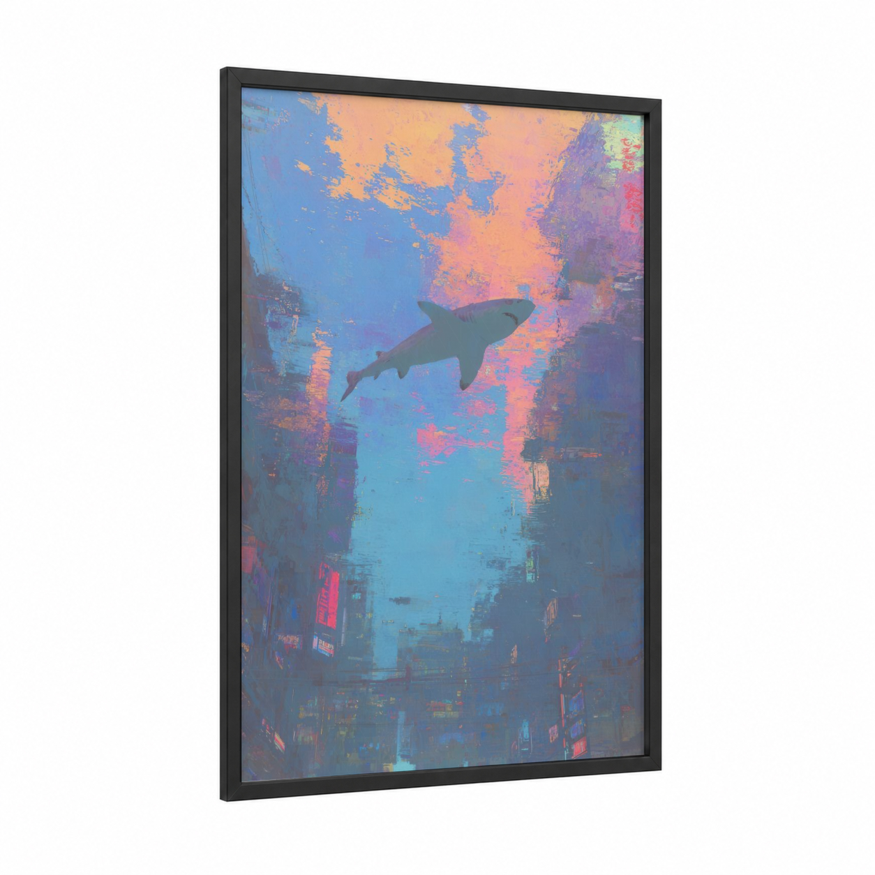 Urban Shark framed bull shark print — black wood frame — blue and pink palette